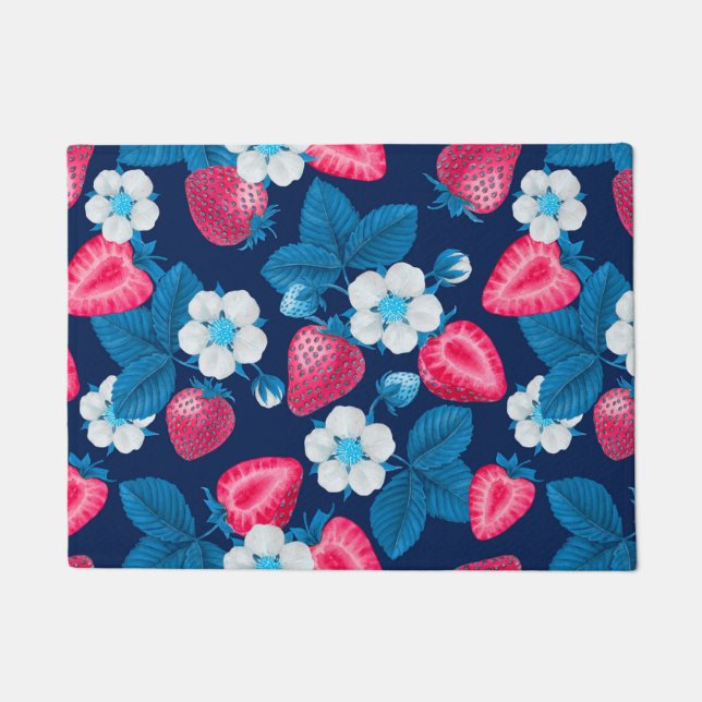Felpudo Fresas rosas en azul (Anverso)