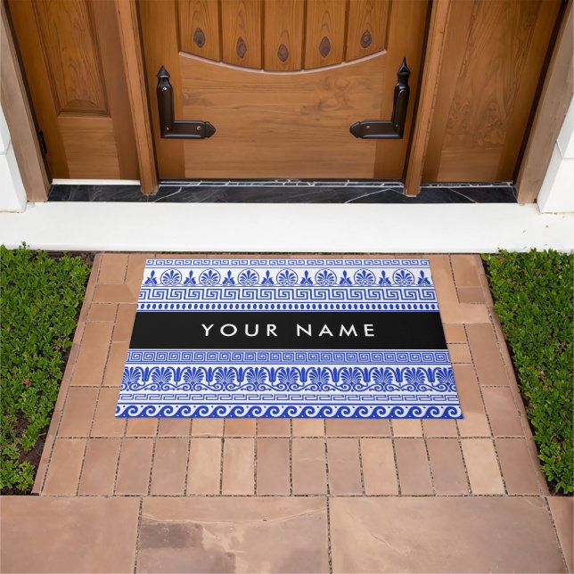 Felpudo Fret griego, llave de meandro mixta, azul, tu nomb (Exterior)