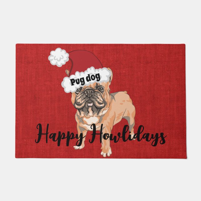 Felpudo Funny pug dog feliz júbilo rojo burlap festividad (Anverso)