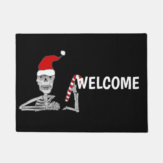 Felpudo Funny Skeleton en los Navidades de Santa hat (Anverso)