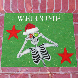 Felpudo Funny Skeleton Ornament Eyes Santa Hat Stars Green