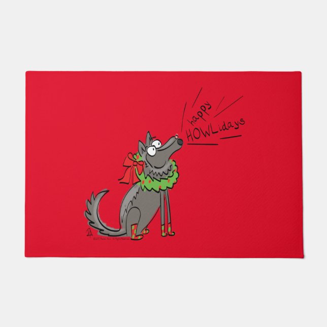 Felpudo Funny Wolf Navidades Felices vacaciones de Howlida (Anverso)