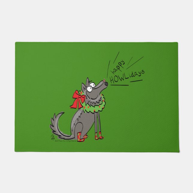 Felpudo Funny Wolf Navidades Felices vacaciones de Howlida (Anverso)