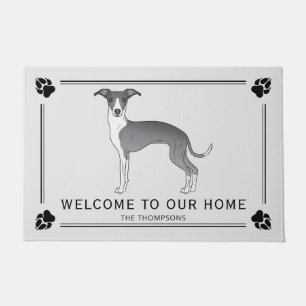 Felpudo Galgo Italiano Azul Y Blanco Y Patas Y Texto