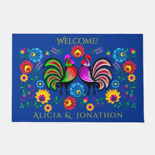Felpudo Gallos coloridos y flores del arte popular de (Anverso)