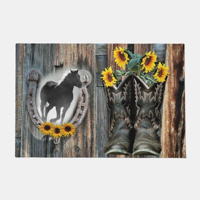 Felpudo Galopando Cowboy Boots Horseshoe Sunflowers (Anverso)