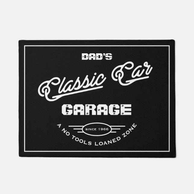 Felpudo Garage Classic Car Cualquier nombre Black White Re (Anverso)