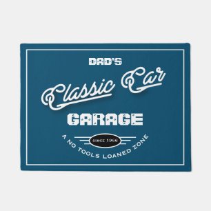 Felpudo Garage Classic Car Cualquier nombre Blue White Ret