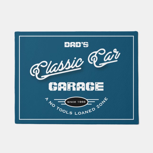 Felpudo Garage Classic Car Cualquier nombre Blue White Ret (Anverso)
