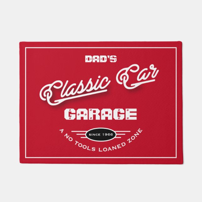 Felpudo Garage Classic Car Cualquier nombre Retro Blanco R (Anverso)