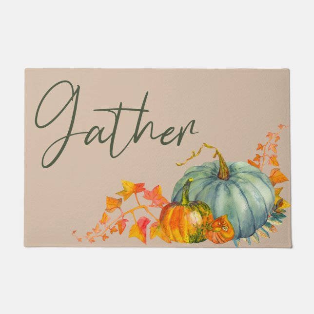 Felpudo Gather Watercolor Pumpkins Floral Fall (Anverso)