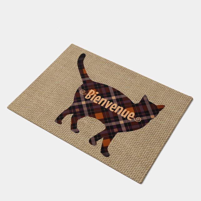 Felpudo Gato adorable - Bienvenue - burlap look (Angular)