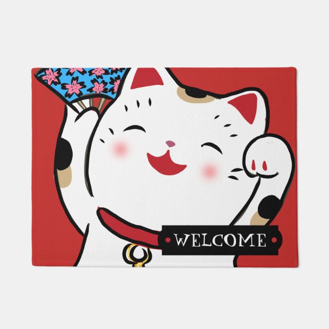 Felpudo Gato afortunado maneki neko bienvenida mat (Anverso)