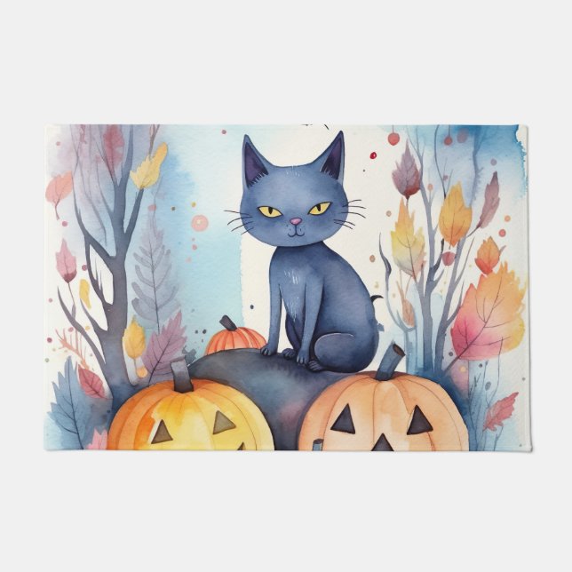 Felpudo Gato azul oriental de Halloween con calabazas ater (Anverso)
