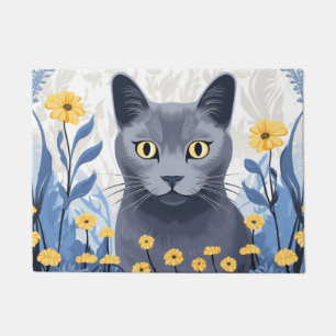 Felpudo Gato Azul Ruso Flores Amarillas
