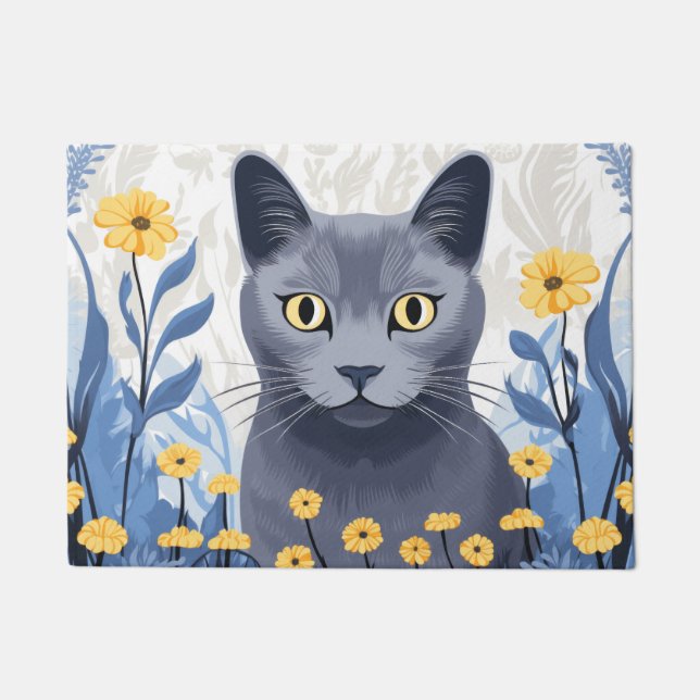 Felpudo Gato Azul Ruso Flores Amarillas (Anverso)