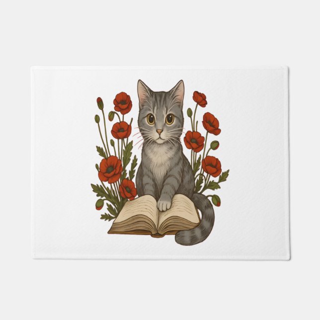 Felpudo Gato Bookish - Gato de lectura tierno con cachorro (Anverso)