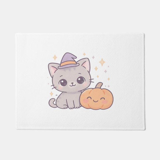 Felpudo Gato con Gorra de brujas y calabaza sonriente (Anverso)