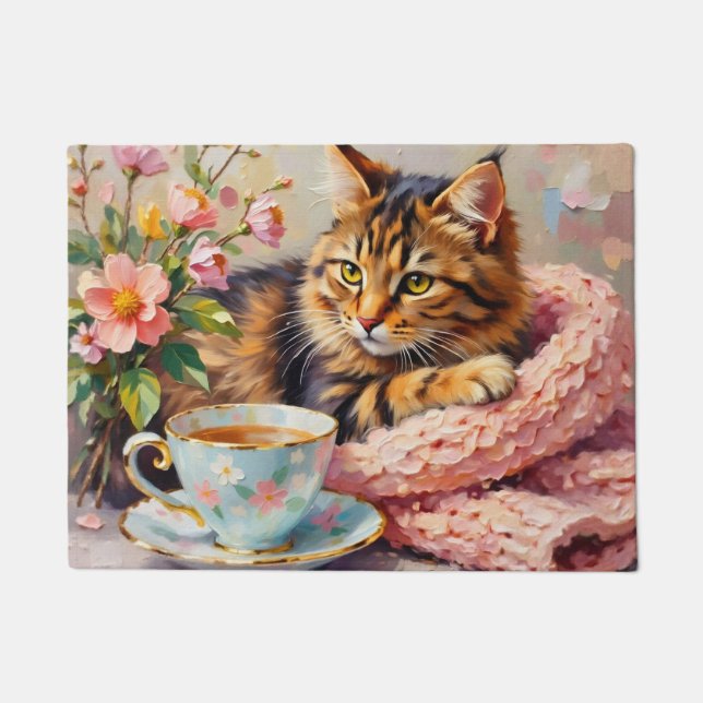 Felpudo Gato con taza de té (Anverso)