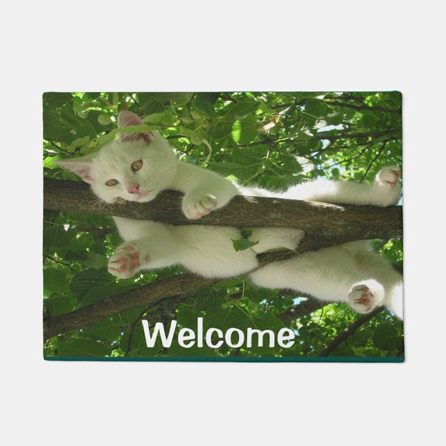 Felpudo Gato de bienvenida ( A white kitten lying on a tree branch amidst lush green foliage.)