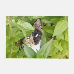 Felpudo Gato de Calico en las Zinnias
