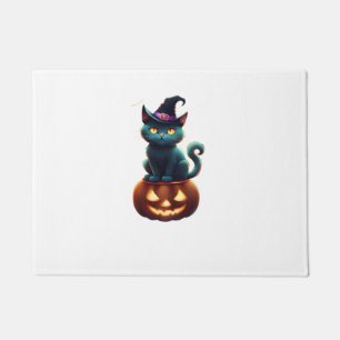 Felpudo Gato de Halloween sentado en una calabaza