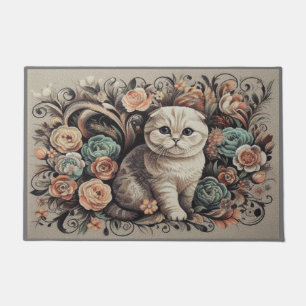 Felpudo Gato de harina floral escocesa, flores de harina e