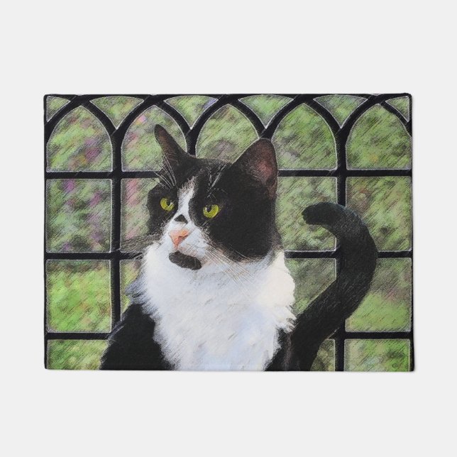 Felpudo Gato de Tuxedo en la ventana Pintura de arte anima (Anverso)