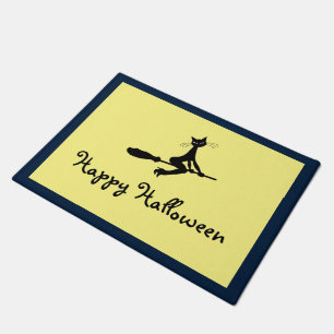 Felpudo Gato En Broomstick, Feliz Halloween