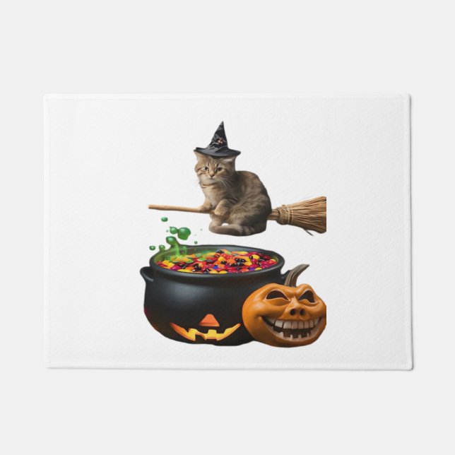 Felpudo Gato en un bastón de escoba en Halloween. Camiseta (Anverso)