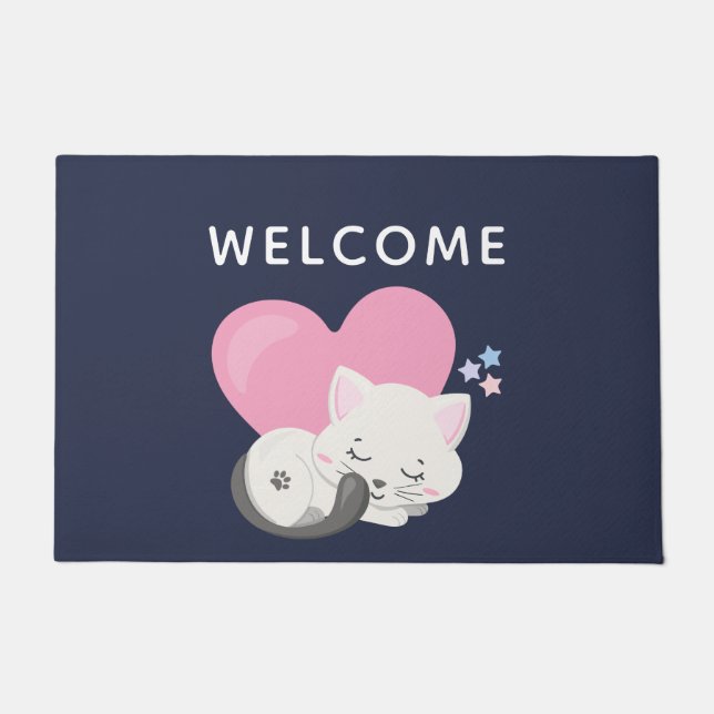 Felpudo Gato gitano dulce durmiendo con una bienvenida de  (Anverso)