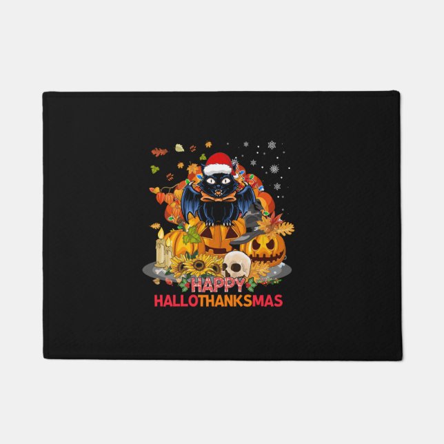 Felpudo Gato gracioso Feliz Hallothanksmas Halloween Thank (Anverso)