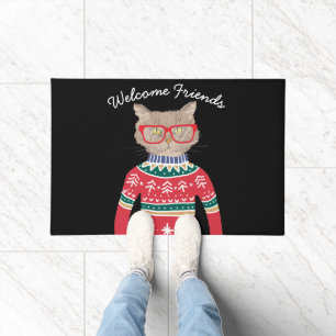 Felpudo Gato gracioso vistiendo gafas, Navidades feos suét