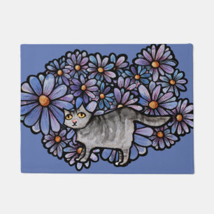 Felpudo Gato Kitty Púrpura Daisies Gris Gato Gris Gris Gri
