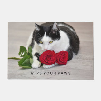 Felpudo Gato lindo con la rosa roja