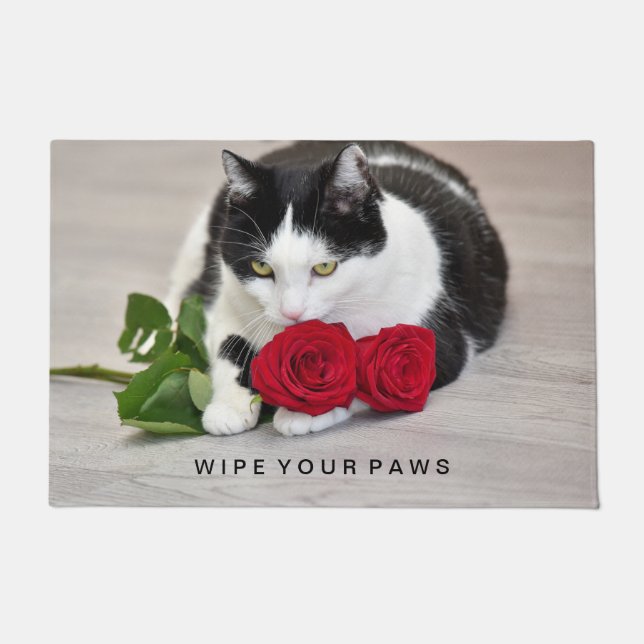 Felpudo Gato lindo con la rosa roja (Anverso)