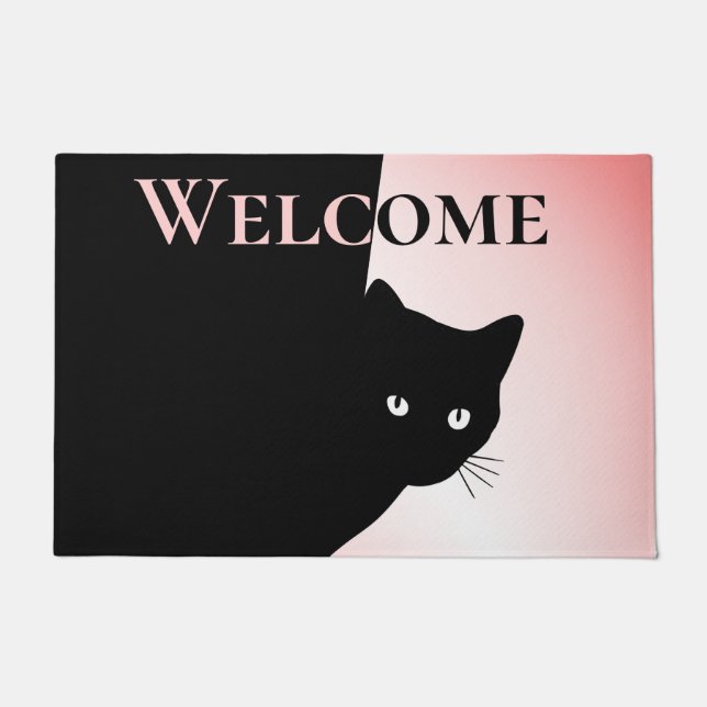 Felpudo Gato negro astuto bienvenida rosa (Anverso)