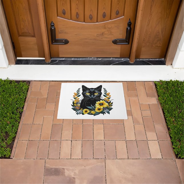 Felpudo gato negro con flores (Exterior)