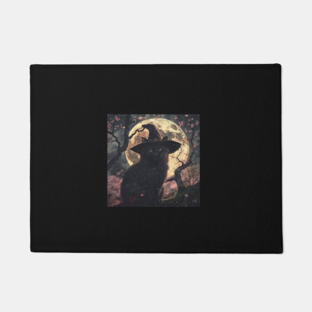 Felpudo Gato negro con Gorra brujo Halloween (Anverso)