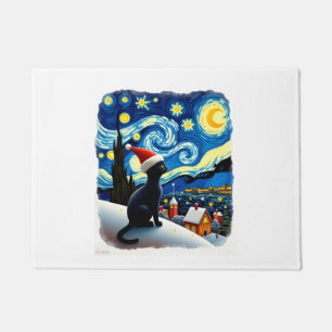 Felpudo Gato negro con sombrero de Santa navideño festivo 