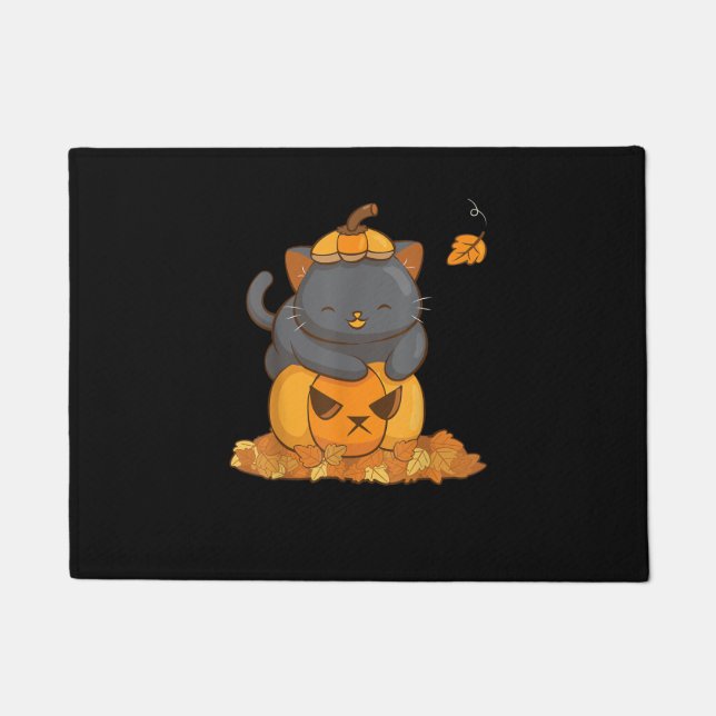 Felpudo Gato negro de Halloween en calabaza con hojas de o (Anverso)