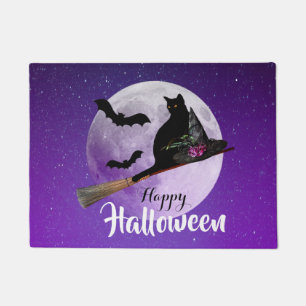 Felpudo Gato negro de Halloween en escoba Luna Llena
