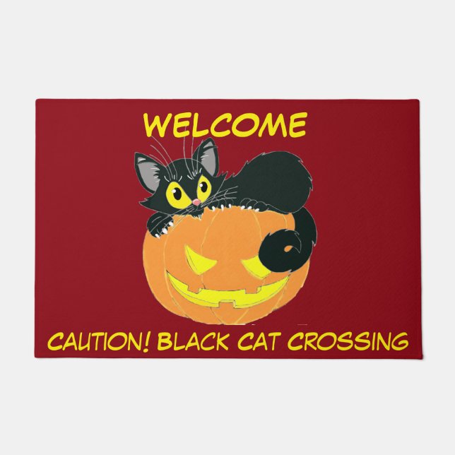 Felpudo Gato negro de Halloween y calabaza (Anverso)