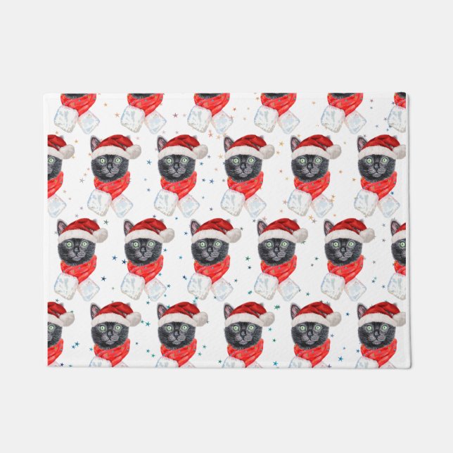 Felpudo Gato negro de Navidad con bufanda roja (Anverso)