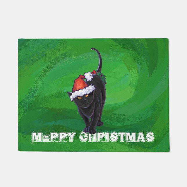 Felpudo Gato negro del navidad en verde (Anverso)