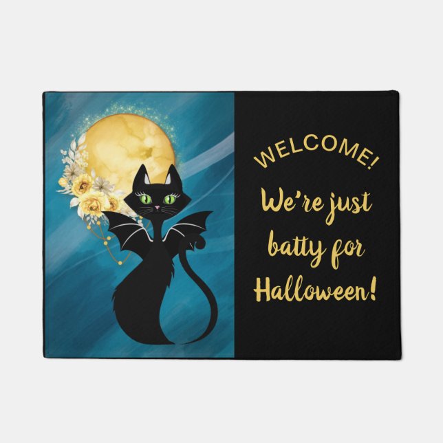 Felpudo Gato negro | Gato Bat | Elegante Halloween 18"x24" (Anverso)