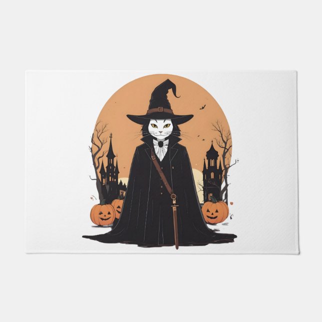 Felpudo Gato negro místico salem con calabazas (Anverso)