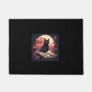 Felpudo Gato negro y acentos de flores de cerezo de luna c