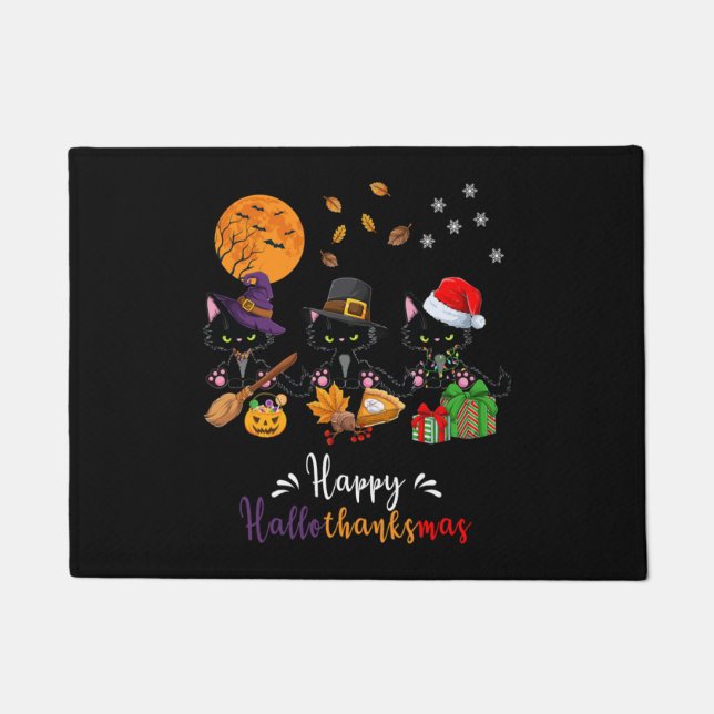 Felpudo Gatos Black Cat Halloween y Feliz Navidad (Anverso)