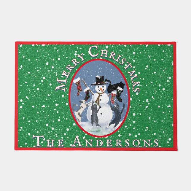 Felpudo Gatos de cosecha y Navidades rojos verdes de Snowm (Anverso)